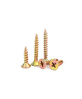 No Sweat 385 Piece Flat Head Wood And Self Tapping Metal Screw Set With Yellow Zinc Galvanized Coating and drywall plastic anchors.