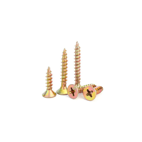 No Sweat 385 Piece Flat Head Wood And Self Tapping Metal Screw Set With Yellow Zinc Galvanized Coating and drywall plastic anchors.