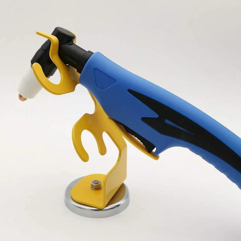 TIG welding torch holder with magnetic base; blue body, yellow clamp, mounted on yellow metal stand with round base.