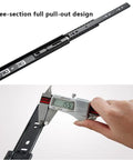 Ball Bearing Full Extension Drawer Slides With 3 Fold Telescopic Rails Side Mount Soft Close Quiet Mute Design 12 Inch Pack Of 2 Durable Metal Drawer Track For Cabinets Dressers Craft Tables, showing three-section full pull-out design and measurement with caliper.
