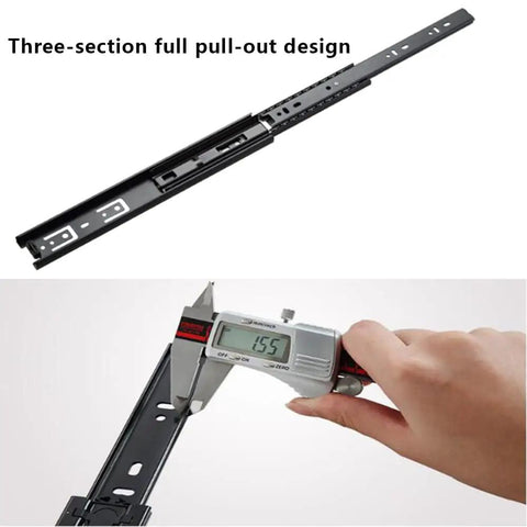 Ball Bearing Full Extension Drawer Slides With 3 Fold Telescopic Rails Side Mount Soft Close Quiet Mute Design 12 Inch Pack Of 2 Durable Metal Drawer Track For Cabinets Dressers Craft Tables, showing three-section full pull-out design and measurement with caliper.