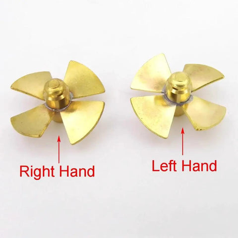 Four Blade Copper RC Boat Propeller For 24mm And 26mm Shafts M3 Thread Left Hand High Torque Impeller next to right-hand version