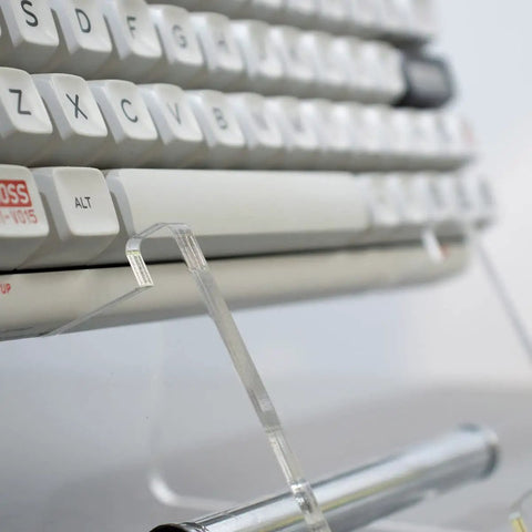 Close-up of Two Tier Keyboard Display Stand In Clear White Acrylic For Two Mechanical Keyboards Storage And Display Shelf Easy Assembly No Tools Required Keeps Your Desk Lookin Sharp Sleek Desk Organizer For Home Office.