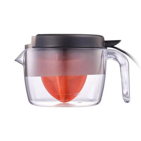 Primtronic Electric Citrus Juicer With Large 24 Oz Capacity And Seed Filter Auto Reverse Function Compact Design For Oranges Lemons Limes BPA Free Black Orange side view with orange cone.