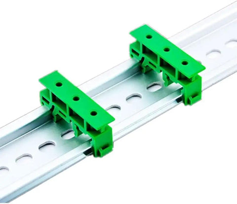 DIN Rail PCB Mounting Bracket Carrier Clip For C45 Boards 35mm By 15mm shown installed on rail, green color