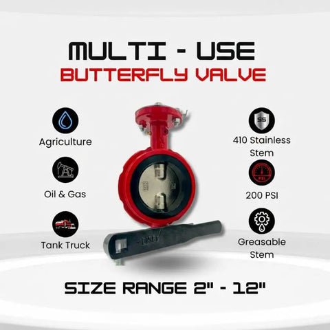 12 Inch Wafer Butterfly Valve Built Tough With Ductile Iron Body 200 PSI Rating Square Stem 1 1/8 Inch Red Buna Seats Face To Face ISO 5752 Mounting Pad ISO 5211 ANSI 150 Flange Nickel Plated Disc 12 Bolt Holes, red valve