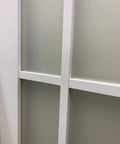 Close-up of Felicia 3309 Interior Barn Bypass Sliding Doors with Frosted Glass and Solid Wood White Finish