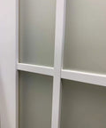 Radical Solid Wood Interior Bypass Sliding Barn Doors With Frosted Glass Panes 64X96 white frame detailing close-up.