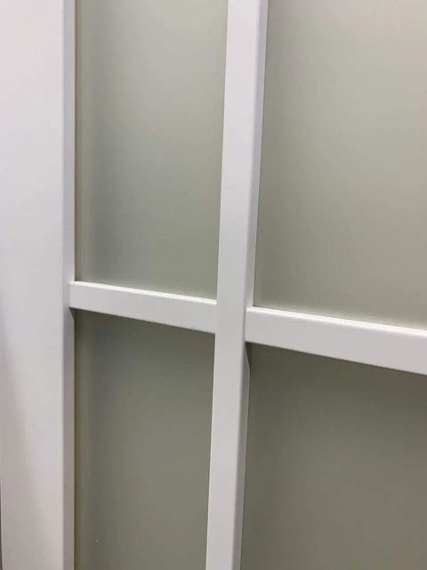Radical Solid Wood Interior Bypass Sliding Barn Doors With Frosted Glass Panes 64X96 white frame detailing close-up.