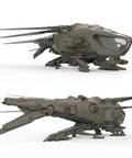 Dune Harkonnen Ornithopter Model Kit 1/72 Scale With Stand, side view of detailed military aircraft display kit in plastic.