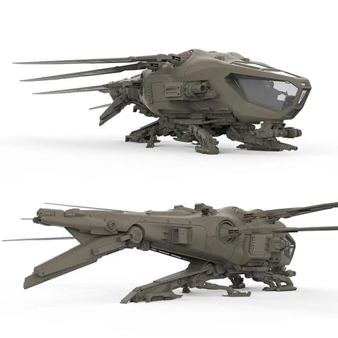 Dune Harkonnen Ornithopter Model Kit 1/72 Scale With Stand, side view of detailed military aircraft display kit in plastic.