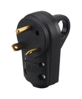 Hardworking 30 Amp Male RV Replacement Plug With 125V Pull Handle and Strain Relief features gold prongs and heavy duty ABS construction.