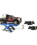 Px16a Scissor Alignment Lift And RJ8 Rolling Jacks Combo with a truck elevated for easy access and maintenance in an auto garage.