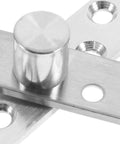 Close-up of two pairs stainless steel pivot hinges, 360 degree rotatable concealed door hinges, built tough silver finish.