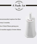 Four Pack Replacement Water Filter For Espresso Machines with coconut activated carbon next to product usage description.
