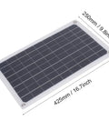 20W Monocrystalline Solar Charger Outdoors With Dual DC Output And USB Goes Off Grid For 12V Batteries Powers Camping And RV Life Weatherproof Silicon Panel High Efficiency Eco Friendly showing dimensions at 250mm width and 425mm length.