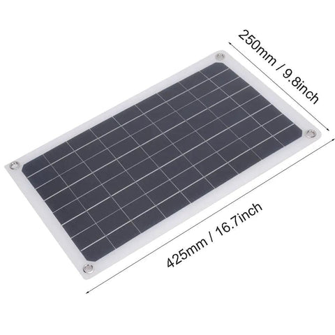 20W Monocrystalline Solar Charger Outdoors With Dual DC Output And USB Goes Off Grid For 12V Batteries Powers Camping And RV Life Weatherproof Silicon Panel High Efficiency Eco Friendly showing dimensions at 250mm width and 425mm length.