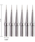 Six-Piece Replacement Tips For ET Soldering Iron, 0.02 Inch Conical Tips Pack displayed in precise alignment.
