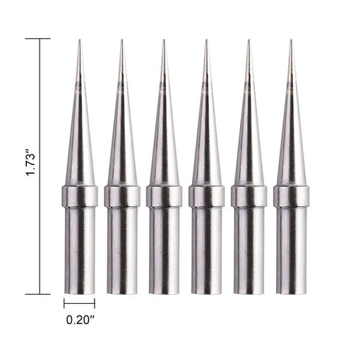 Six-Piece Replacement Tips For ET Soldering Iron, 0.02 Inch Conical Tips Pack displayed in precise alignment.