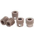 Set of five metal gears in varying sizes on white background