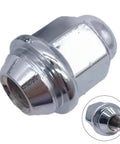 Chrome Lug Nuts Set For Kia And Hyundai Vehicles Featuring High Strength Steel Wheel Stud Bolt Kit With Rust Proof Finish Perfect Match For Forte Optima Soul Spectra Models To Upgrade Aftermarket Wheels. Chrome lug nut, 28mm, steel, threaded side view