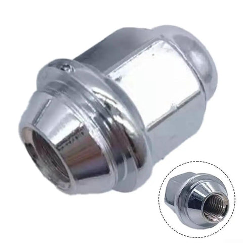 Chrome Lug Nuts Set For Kia And Hyundai Vehicles Featuring High Strength Steel Wheel Stud Bolt Kit With Rust Proof Finish Perfect Match For Forte Optima Soul Spectra Models To Upgrade Aftermarket Wheels. Chrome lug nut, 28mm, steel, threaded side view