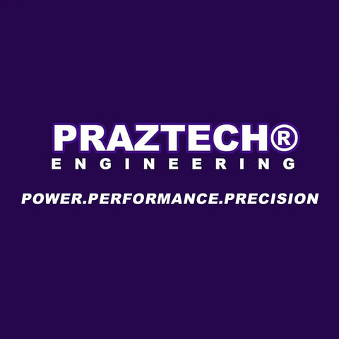 Praztech Engineering logo with tagline Power, Performance, Precision on a purple background.