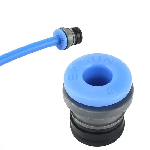 Bowde ECAS04 3D Printer Pneumatic Fitting Straight Quick Connect for PTFE Tubing close-up with blue collet and tube