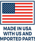 USA flag with text 'Made in USA with US and Imported Parts'.