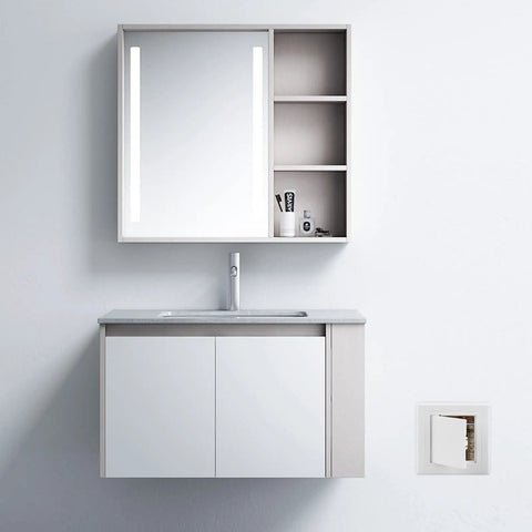 Heavy Duty 4X4 Inch Drywall Access Panel White Plastic Ceiling Repair Door UV Resistant Styrene HVAC Plumbing Electrical Zero Hassle Install Snap Tight Lid No Sweat Setup For Walls And Ceilings installed next to modern bathroom vanity with mirror.