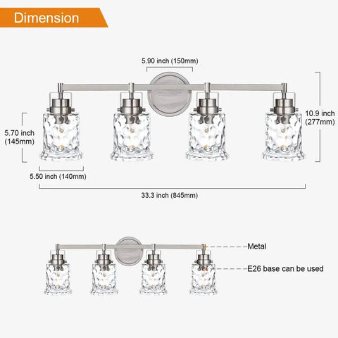 Dimensions of 4 Light Vanity Lights In Brushed Nickel Finish With Hammered Glass Shades, Industrial Bathroom Fixtures Over Mirror