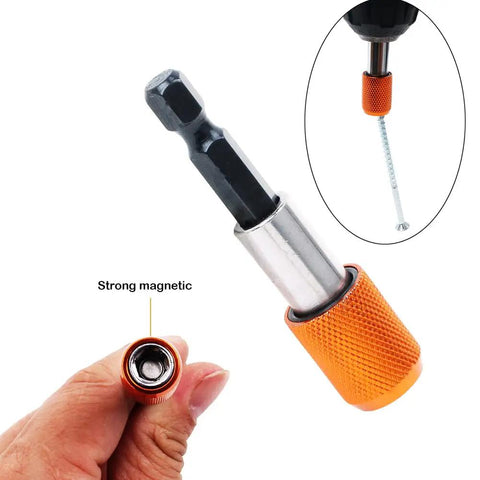 Two Pack Magnetic Quick Change Bit Holders With A Quarter Inch Hex Shank Drill Bit Extensions, orange, shown with magnetic tip