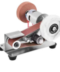 Compact Mini Electric Belt Sander 100-240V For Versatile DIY Woodwork Project Metal Finishing Plus Jewelry Polishing Bench Grinder on workbench.