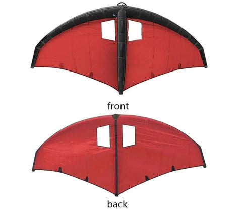 Front and back view of Wind Wing Foil For Surfing And Kitesurfing, inflatable with dope TPU canopy and nylon handle, red color.