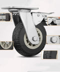 Four Pack Heavy Duty Rubber Caster Wheels With Locking Brake And Fixed Set Premium Industrial Casters Smooth Silent Glide close-up of rubber tire and alloy bracket.