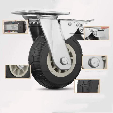 Four Pack Heavy Duty Rubber Caster Wheels With Locking Brake And Fixed Set Premium Industrial Casters Smooth Silent Glide close-up of rubber tire and alloy bracket.