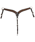 Western Contour Breast Collar Featuring Vintage Finish And Floral Hand Tooling Crafted From Top Shelf Double Ply Leather On Stainless Steel Hardware For Trail Hustle And Rodeo Grind, shows the design and hardware.