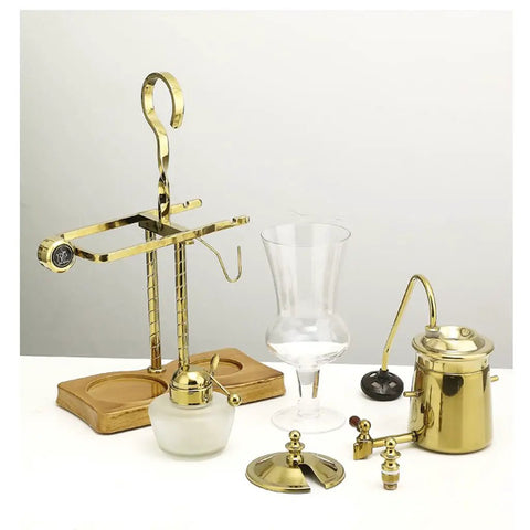 Top Shelf Siphon Coffee Maker with heavy duty glass and classic retro styling, showcasing brewing apparatus and components.