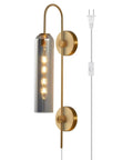 Plug In Wall Light With Smoke Gray Glass Shade And Gold Brass Finish, Retro Inspired Mid Century Modern Sconce For Indoor Use