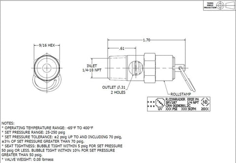 Front and side views of brass 1/4 in NPT economy soft-seat safety pressure relief valve, USA made (80 psi, 42 SCFM)