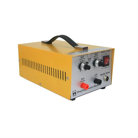 Yellow handheld pulse spot welder for jewelry making butt weld tool for gold and silver rings with control dials on side view.