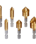 Heavy Duty Workhorse 6 Piece Countersink Drill Bit Set With Quarter Inch Hex Shank High Speed Steel for 6mm to 19mm wood prep.