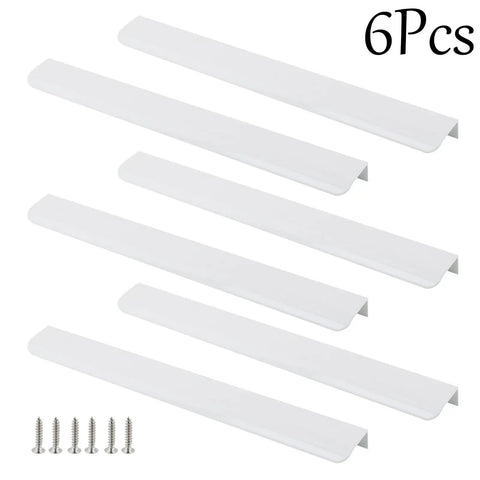 White Curved Edge Finger Pulls Six Pack 13 Inch Aluminum Back Mount Cabinet Handles With 10 Inch Hole Centers, 6 pieces