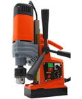 Compact Desktop Magnetic Drill Boasts Heavy-Duty Suction And Smooth Electric Forward Reverse Control For Industrial Tapping and serious grind work on your home shop bench or job site, showcasing control panel and drill bit.