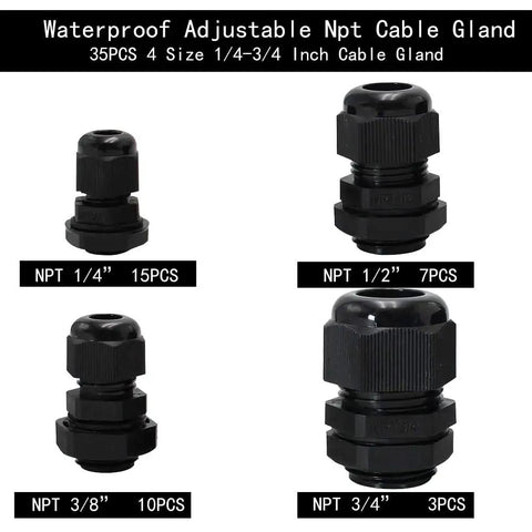 Waterproof NPT Cable Glands Kit with threads adjustable seals for one quarter, three eighths, one half, three quarters inch