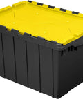 Heavy Duty 12 Gallon Storage Containers With Attached Lids, stackable black and yellow plastic tote with lid, 21.5x15.25x12.5in.