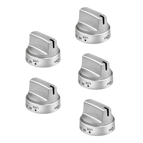 5 Piece Upgraded Gas Stove Knob Replacement Set Wb03x24818 Stainless Steel With D Shape Connector, five knobs shown