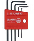 Compact Mini L Key Short Arm Hex Set Five Piece Pro Grade Metric Hex Keys displayed with red plastic holder