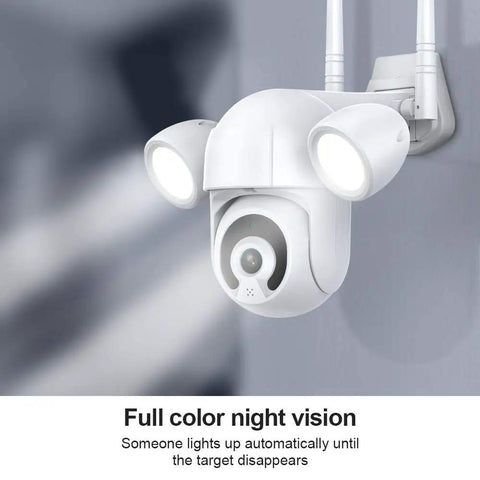2K 3MP Outdoor WiFi Floodlight Security Camera With PTZ mounted with dual spotlights and color night vision.