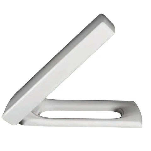 Heavy Duty Soft Close Toilet Seat With Slick Quick Release And Polished Chrome Hinges For Dead Silent Shutoff And Hassle Free Mounting In Bright White Finish, side view.